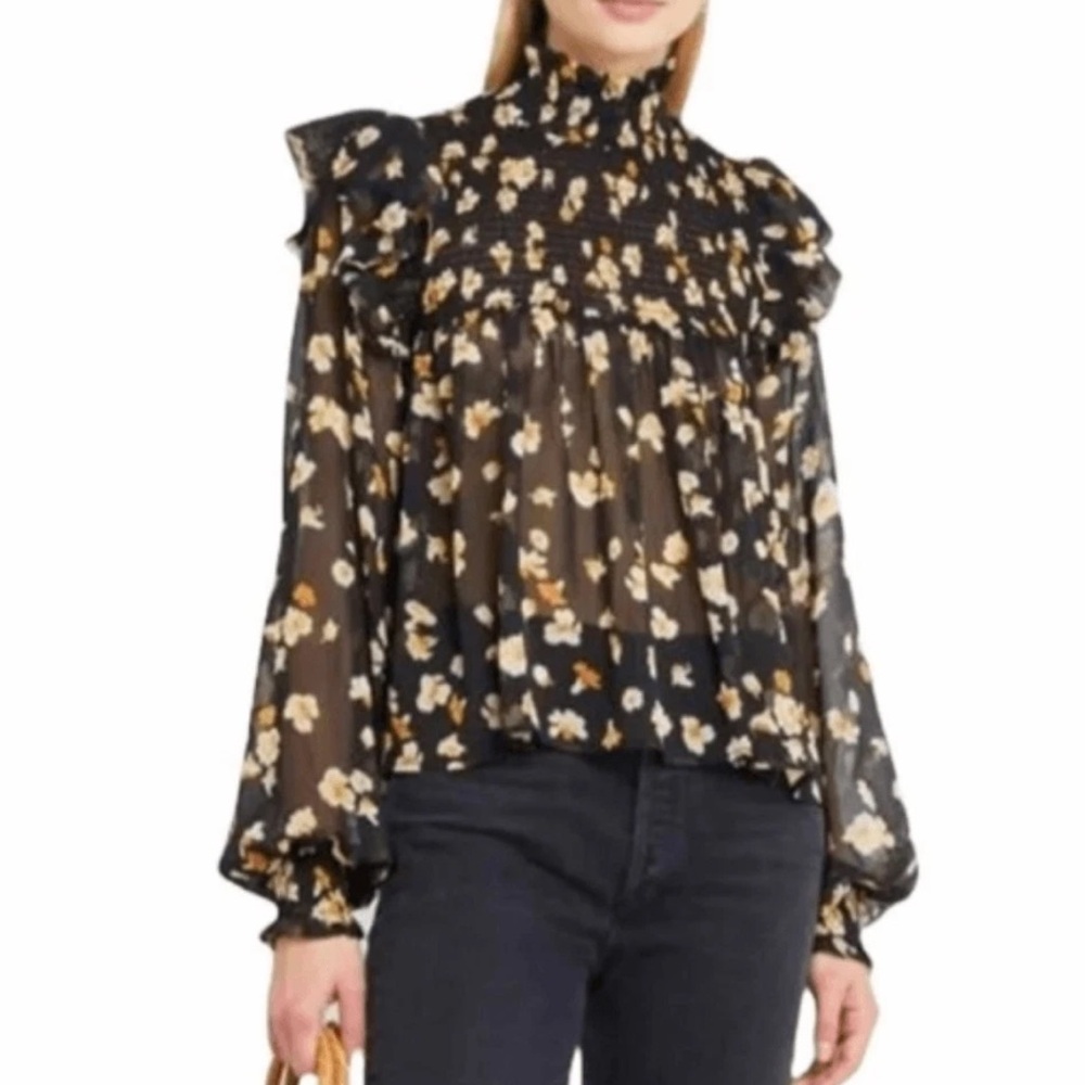 Elegant Floral Black and Yellow Ruffled Puff Sleeve Blouse - Picture 1 of 9